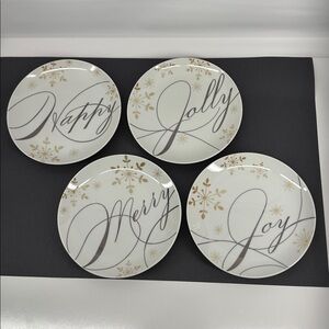 Pier 1 Festive Script Plates - White and Gold Set of 4